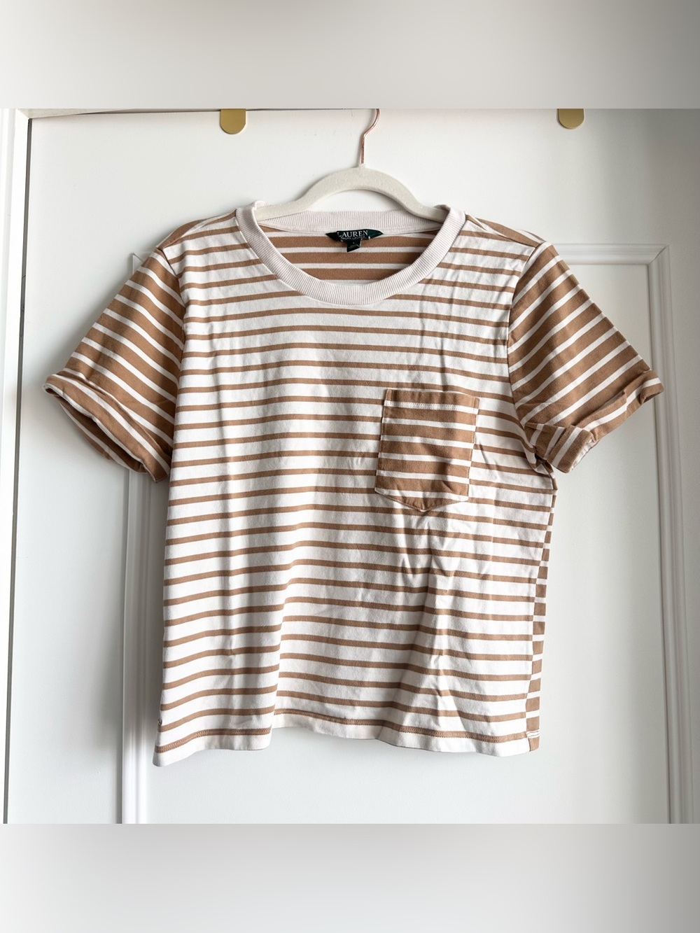 Ralph Lauren Tan & White Striped Pocket Tee